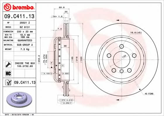 Rear vented brake disc Brembo 09.C411.13