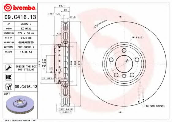 Ventilated disc brake, 1 pcs. Brembo 09.C416.13
