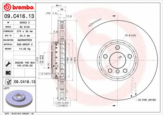 Vented brake disc, 1 pc Brembo 09.C416.13