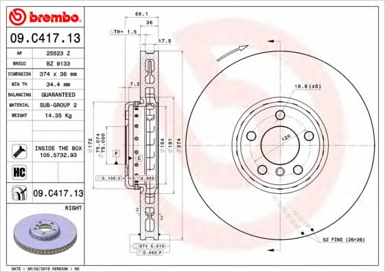 Vented brake disc, 1 pc Brembo 09.C417.13