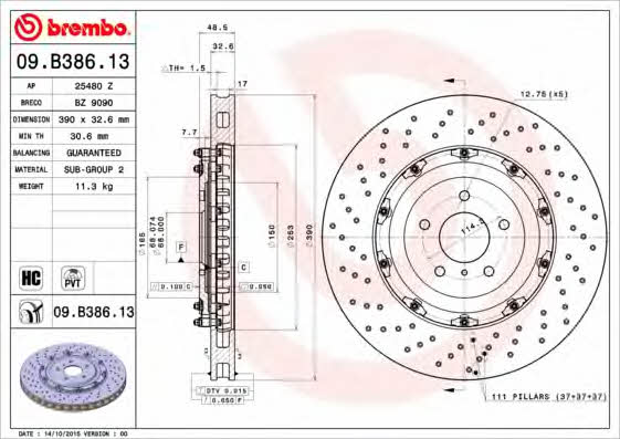 Ventilated brake disc with perforation Brembo 09.B386.13
