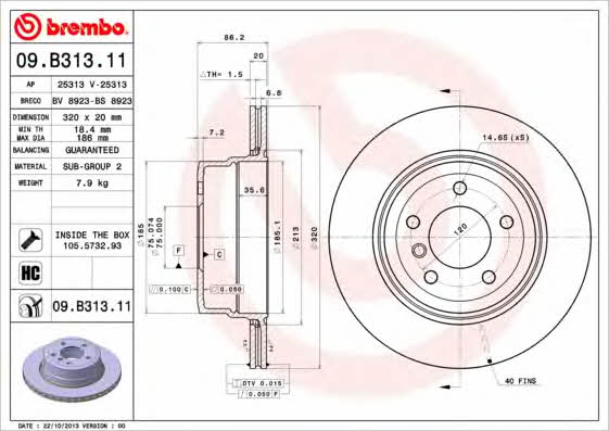 Rear ventilated brake disc Brembo 09.B313.11