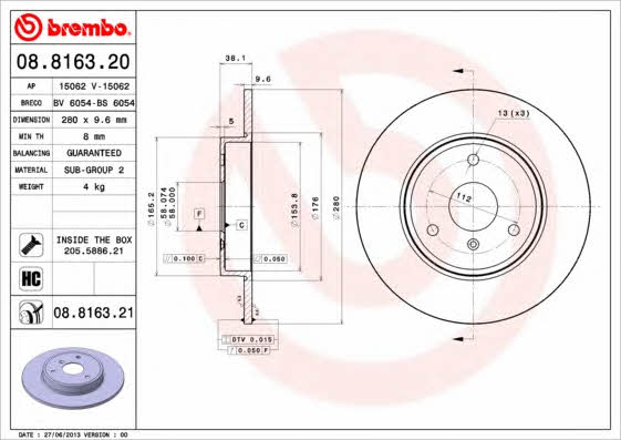 Brembo 08.8163.20 Unventilated front brake disc 08816320