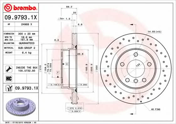 Ventilated brake disc with perforation Brembo 09.9793.1X