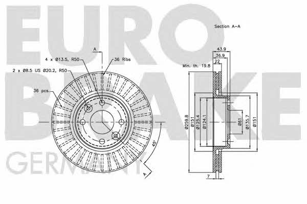 Eurobrake 5815202264 Front brake disc ventilated 5815202264