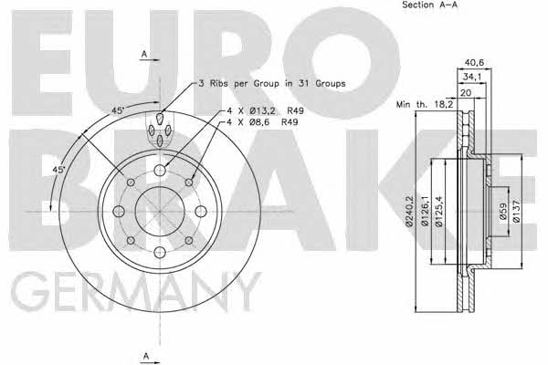 Eurobrake 5815202343 Front brake disc ventilated 5815202343