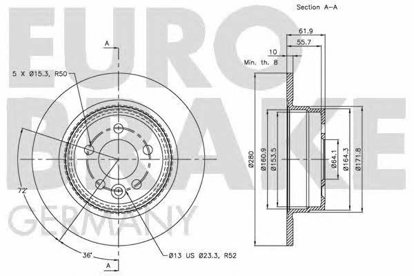 Eurobrake 5815204018 Rear brake disc, non-ventilated 5815204018