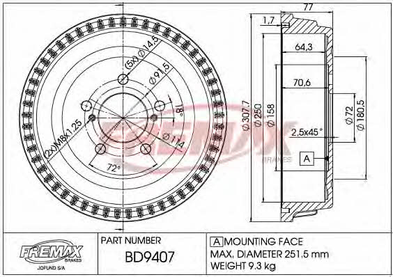 Fremax BD-9407 Rear brake drum BD9407