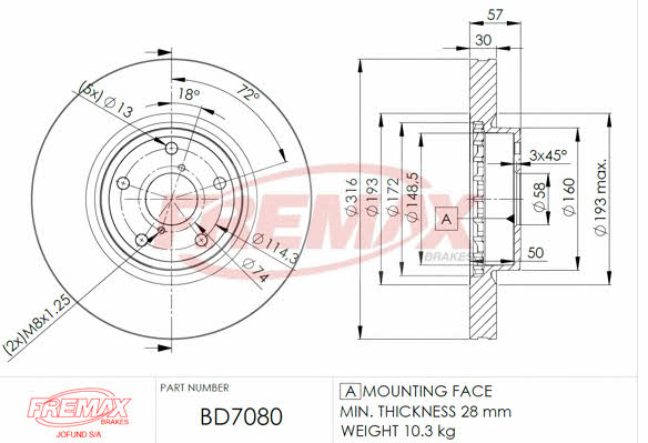 Fremax BD-7080 Front brake disc ventilated BD7080
