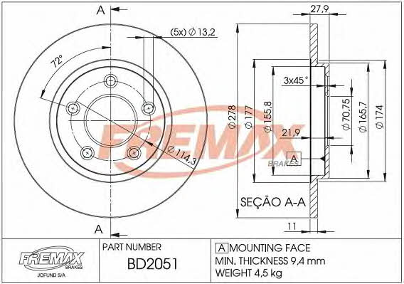 Fremax BD-2051 Rear brake disc, non-ventilated BD2051