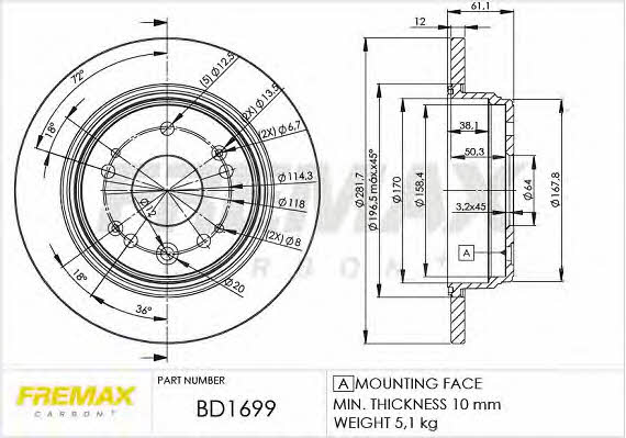 Fremax BD-1699 Rear brake disc, non-ventilated BD1699