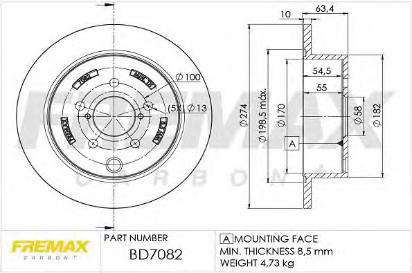 Fremax BD-7082 Rear brake disc, non-ventilated BD7082