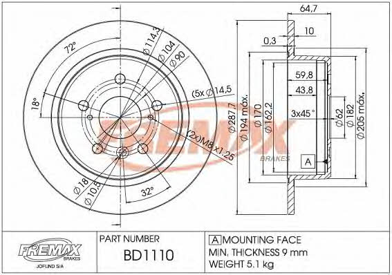 Fremax BD-1110 Rear brake disc, non-ventilated BD1110