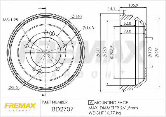Fremax BD-2707 Rear brake drum BD2707