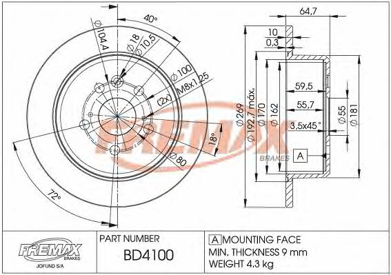 Fremax BD-4100 Rear brake disc, non-ventilated BD4100