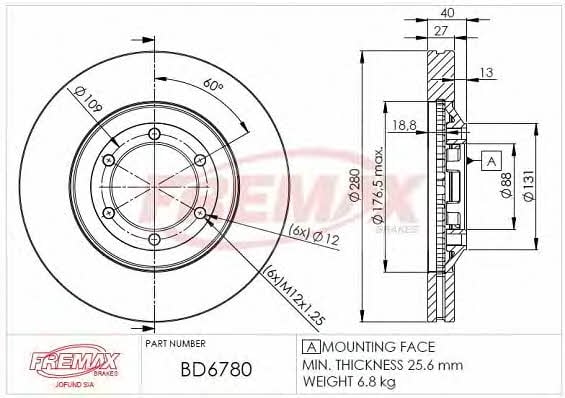 Fremax BD-6780 Front brake disc ventilated BD6780