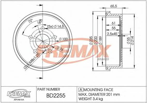 Fremax BD-2255 Rear brake drum BD2255
