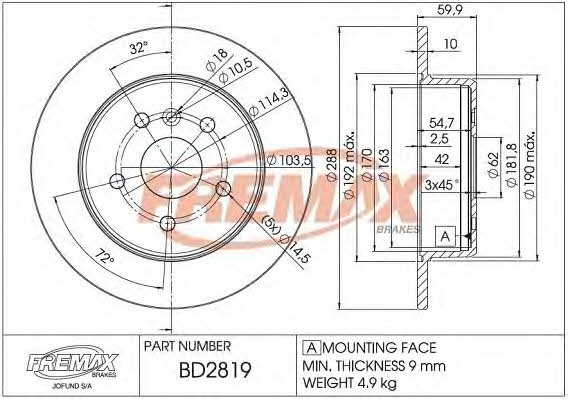 Fremax BD-2819 Rear brake disc, non-ventilated BD2819