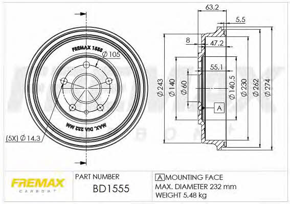 Fremax BD-1555 Rear brake drum BD1555