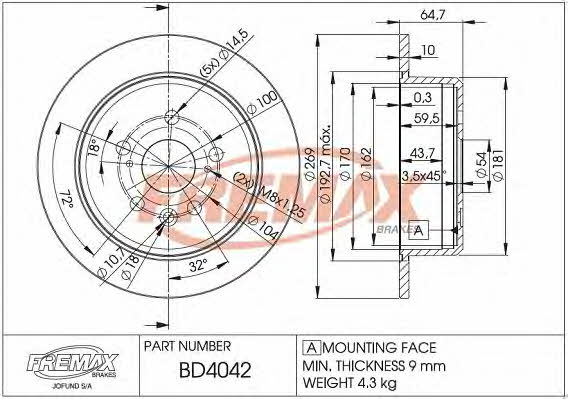 Fremax BD-4042 Rear brake disc, non-ventilated BD4042