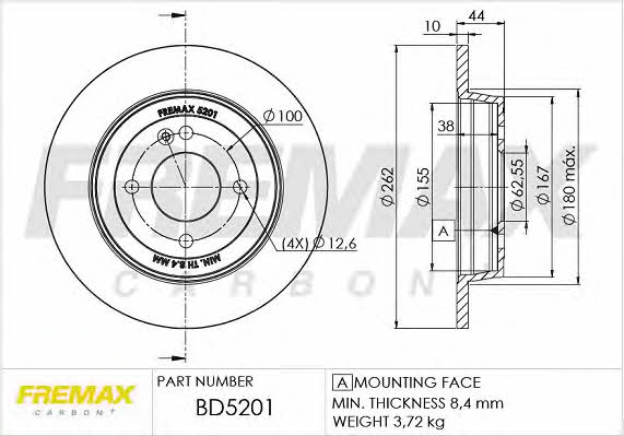 Fremax BD-5201 Rear brake disc, non-ventilated BD5201