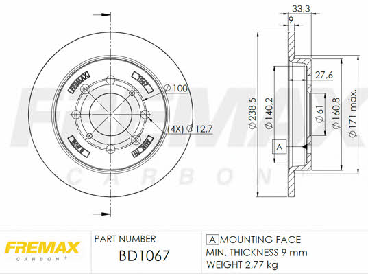 Fremax BD-1067 Rear brake disc, non-ventilated BD1067