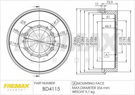 Fremax BD-4115 Rear brake drum BD4115