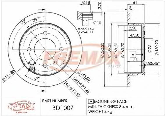 Fremax BD-1007 Unventilated front brake disc BD1007