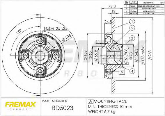 Fremax BD-5023 Rear brake disc, non-ventilated BD5023