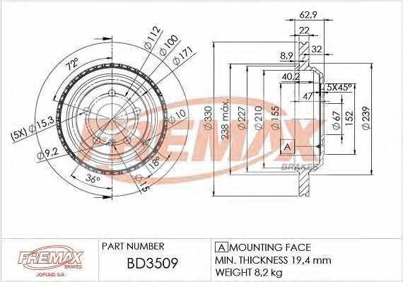 Fremax BD-3509 Rear ventilated brake disc BD3509