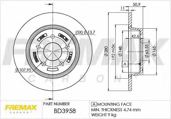 Fremax BD-3958 Rear brake disc, non-ventilated BD3958