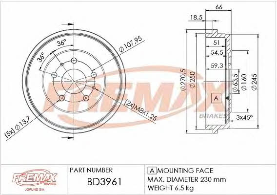 Fremax BD-3961 Rear brake drum BD3961