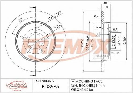 Fremax BD-3965 Rear brake disc, non-ventilated BD3965