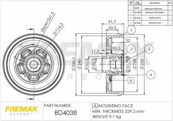 Fremax BD-4038 Rear brake drum BD4038