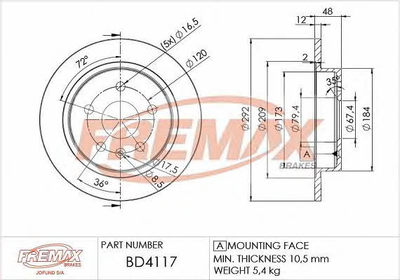 Fremax BD-4117 Rear brake disc, non-ventilated BD4117