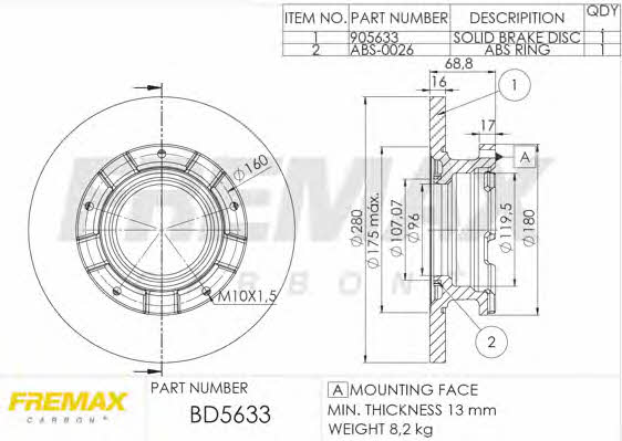 Fremax BD-5633 Rear brake disc, non-ventilated BD5633