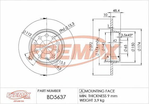 Fremax BD-5637 Rear brake disc, non-ventilated BD5637