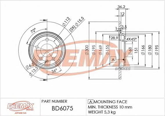 Fremax BD-6075 Rear brake disc, non-ventilated BD6075