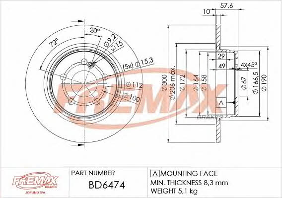 Fremax BD-6474 Rear brake disc, non-ventilated BD6474
