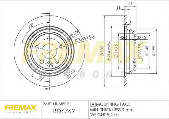 Fremax BD-6769 Rear brake disc, non-ventilated BD6769