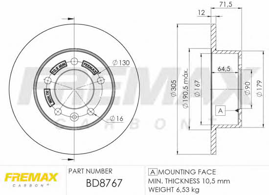 Fremax BD-8767 Rear brake disc, non-ventilated BD8767