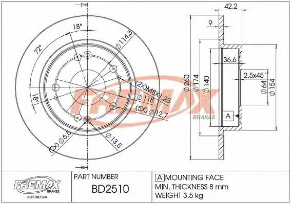 Fremax BD-2510 Rear brake disc, non-ventilated BD2510