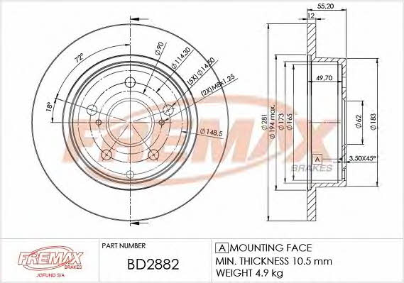 Fremax BD-2882 Rear brake disc, non-ventilated BD2882