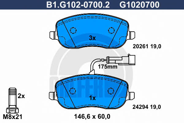 Galfer B1.G102-0700.2 Brake Pad Set, disc brake B1G10207002