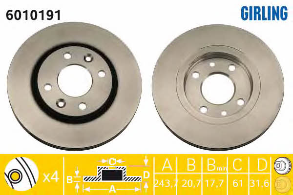 Girling 6010191 Front brake disc ventilated 6010191