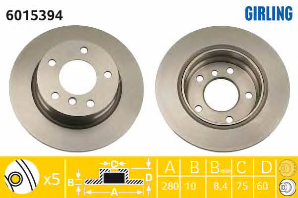 Girling 6015394 Rear brake disc, non-ventilated 6015394