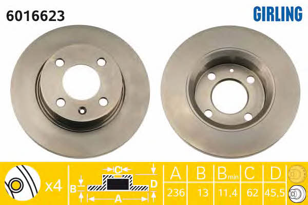 Girling 6016623 Unventilated front brake disc 6016623