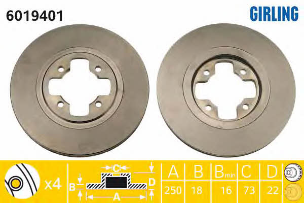 Girling 6019401 Front brake disc ventilated 6019401