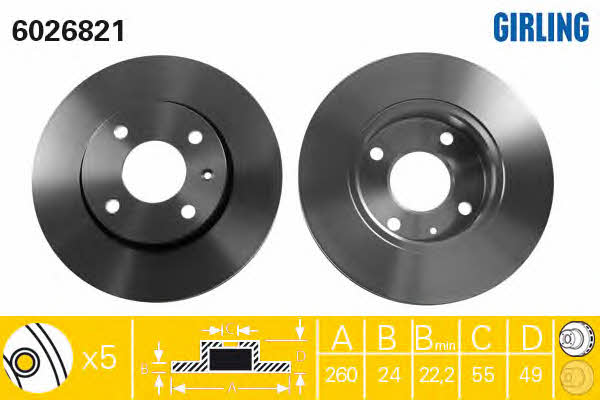 Girling 6026821 Front brake disc ventilated 6026821