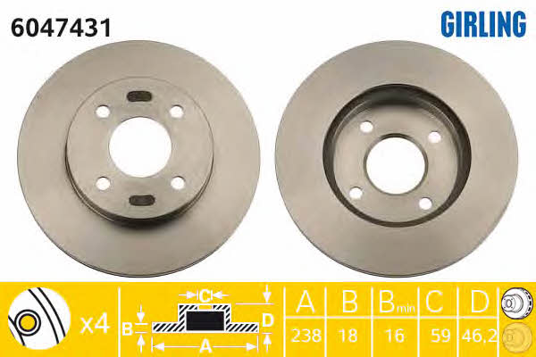 Girling 6047431 Front brake disc ventilated 6047431
